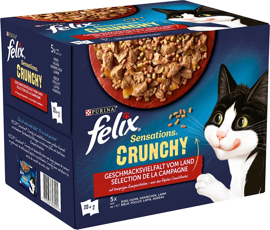 Felix "Sensations Crunchy" Pouches 20 x 85 g + 80 g Topping - Huhn, Rind, Kaninchen, Lamm