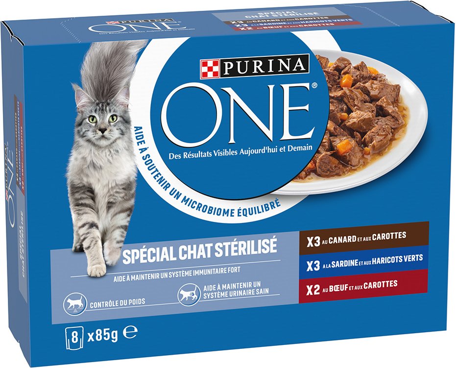 Mixpaket PURINA ONE Sterilized Katze 8 x 85 g - Ente, Rind, Sardine