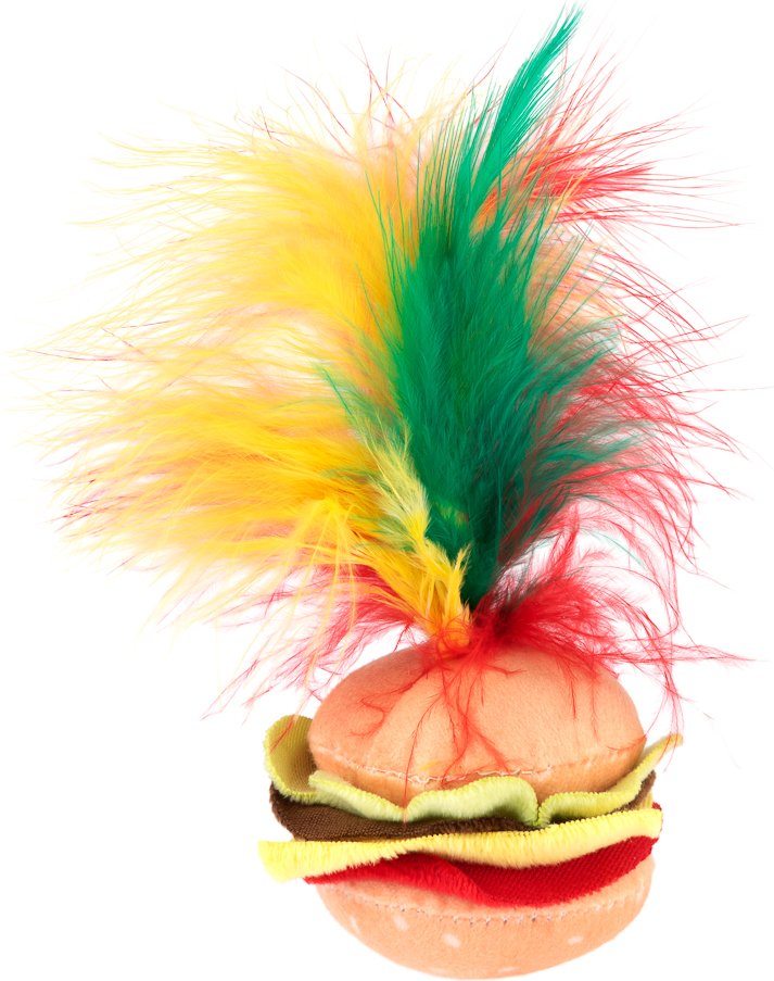 Katzenspielzeug Crinkle Burger mit Federn - 1 Stück