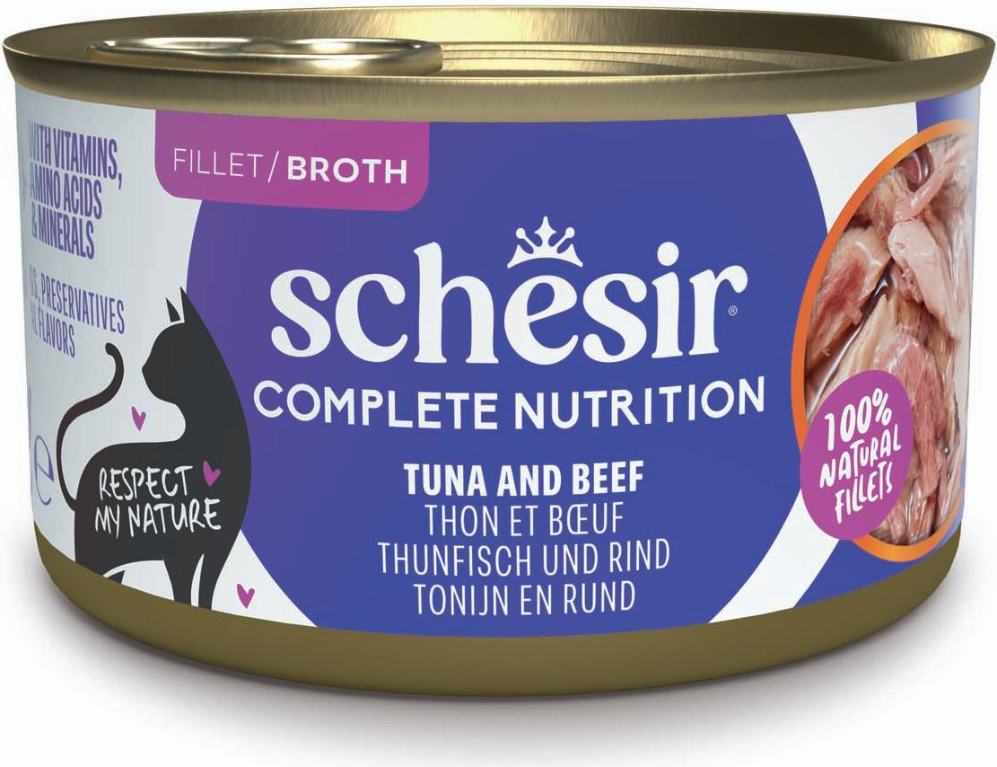 Sparpaket Schesir Complete Nutrition Filet in Brühe 24 x 85 g - Thunfisch mit Rindfleisch
