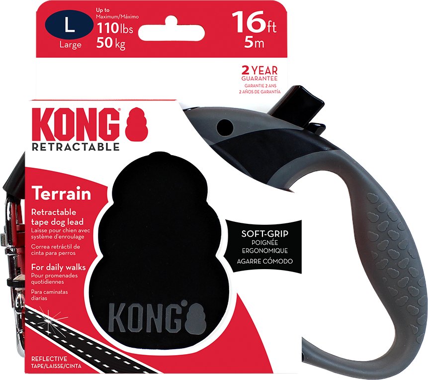 KONG Terrain Einziehbare Leine Schwarz - Größe L: bis 50 kg, Gurt-Länge ca. 5 m
