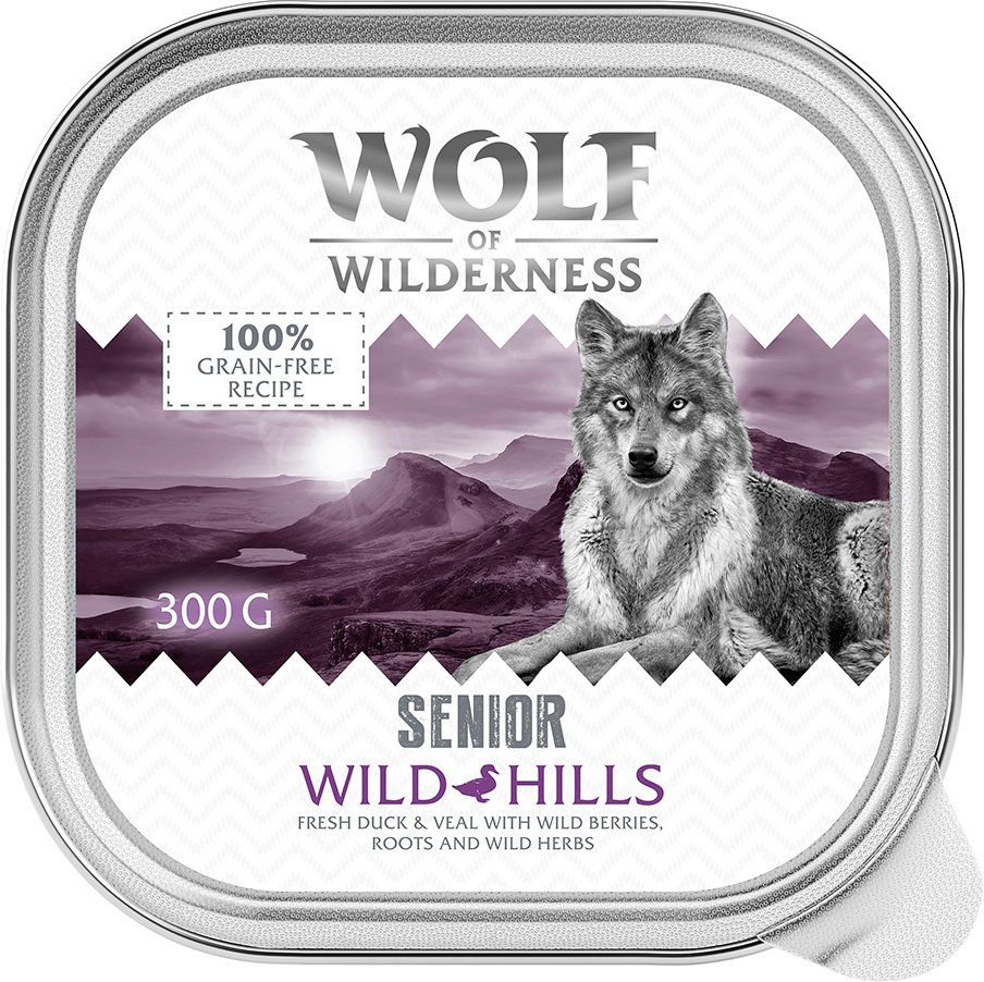 Wolf of Wilderness Senior - Duo-Protein Rezeptur 6 / 24 x 300 g Schale - 24 x 300 g: Wild Hills - Ente & Kalb