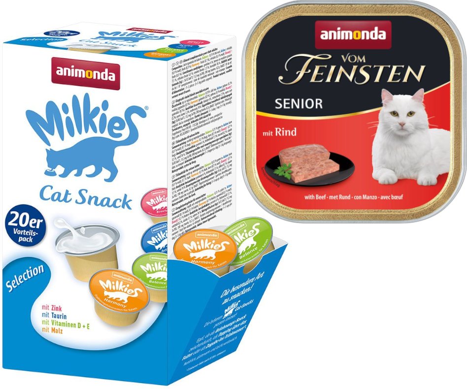 animonda Kombi-Paket: 12 x 100 g Vom Feinsten + 20 x 15 g Milkies Selection - Senior Rind + Milkies Snack (4 Sorten)