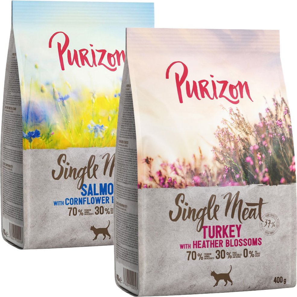 Thumbnail - Probiermix Purizon 2 x 400 g - Single Meat Mix: Pute mit Heidekrautblumen + Lachs mit Kornblumenblüten