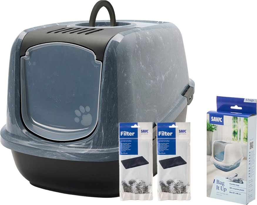 Savic Katzentoilette Nestor Jumbo Marble - Starterset: Toilette marmor anthrazit-weiß / schwarz + 2 extra Filter + 6 Bag...