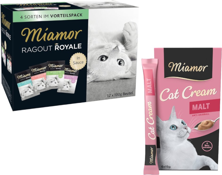 Miamor Mixpaket: 12 x 100 g Ragout Royale + 12 x 15 g Cat Snack Malt-Cream - Ragout Royale Mix in Soße + Snack Malt-Crea...
