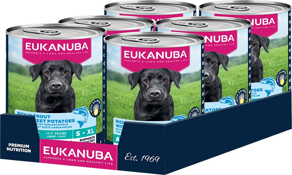 18 + 6 gratis! 24 x 400 g Eukanuba - Adult Reich an Forelle mit Süßkartoffeln