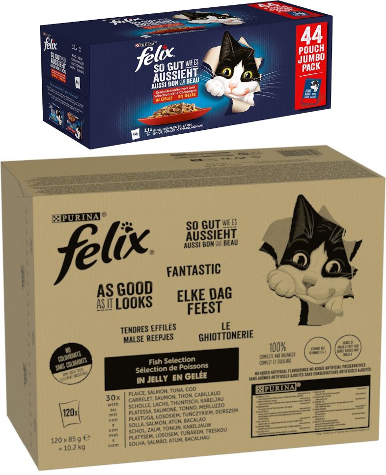 Jumbopack Felix + 44 x 85 g Pouches gratis! - 120 x 85 g "So gut wie es aussieht" Fisch Mix II + 44 x 85 g Huhn, Rind, E...