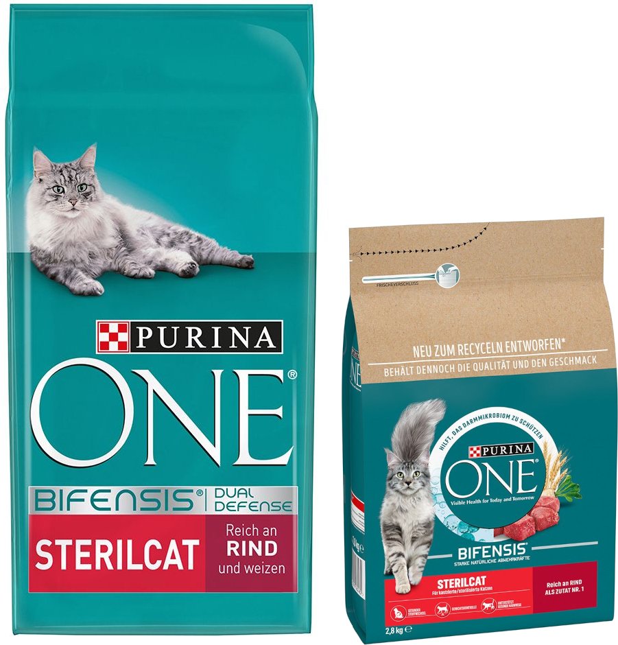 2,8 kg gratis! 2,8 kg + 9,75 kg PURINA ONE Trockenfutter - 9,75 kg + 2,8 kg SterilCat Rind