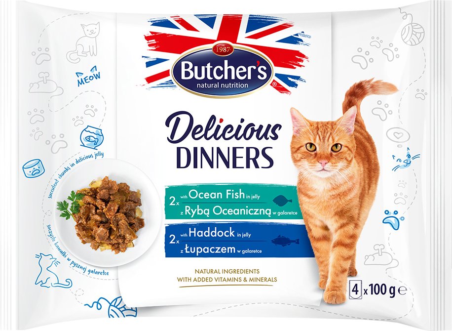 Megapack Butcher's Delicious Dinners Katze 64 x 100 g - Mix: Meeresfisch, Schellfisch