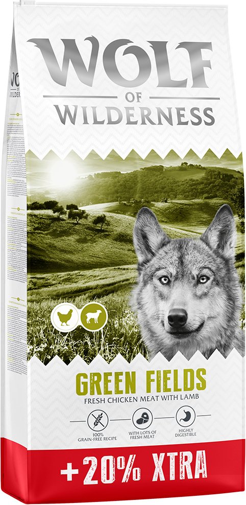 20% gratis! 14,4 kg Wolf of Wilderness - getreidefrei - Green Fields - Lamm
