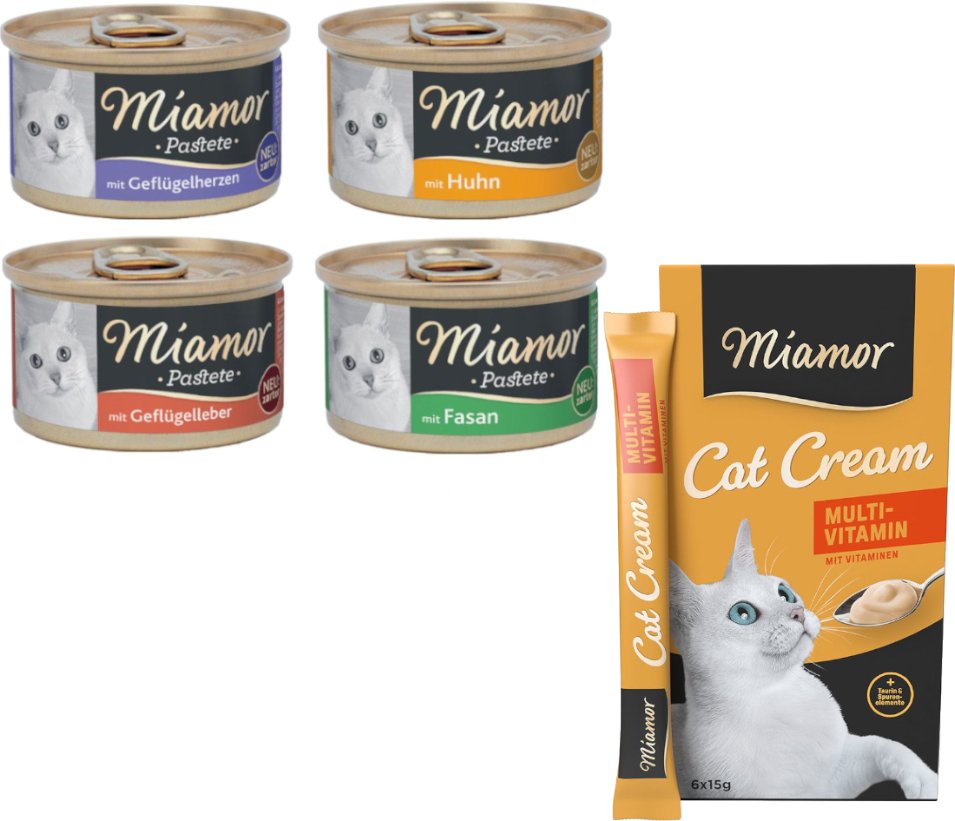 Miamor Kombi-Paket: 12 x 85 g Pastete + 12 x 15 g Multi-Vitamin Cream Snacks - Pastete mit Geflügel (4 Sorten) + Snack M...