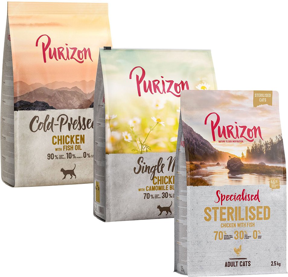Thumbnail - Gemischtes Sparpaket Purizon 3 x 2,5 kg - Sterilised Huhn & Fisch, Kaltgepresst Huhn, Single Meat Huhn