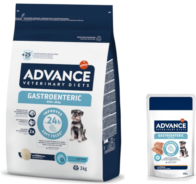 Advance Veterinary Diets Mini + 8 x 150 g passendes Nassfutter zum Sonderpreis! - 3 kg Gastroenteric