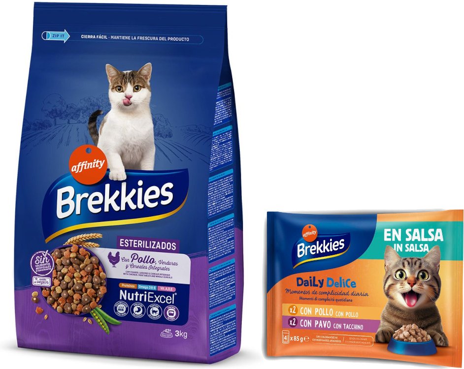 3 kg / 3,5 kg Brekkies Trockenfutter + 4 x 85 g Daily Delice Nassfutter gratis! - 3 kg Sterilized + 4 x 85 g Huhn & Trut...