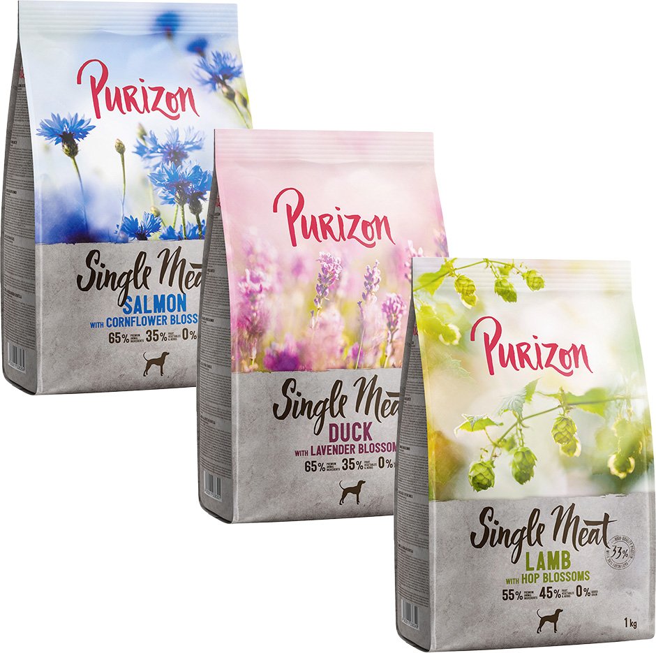 Thumbnail - Purizon Single Meat Probierpaket 3 x 1 kg - Pferd mit Ringelblumen, Lachs mit Kornblumenblüten, Ente mit Lavendelblüten