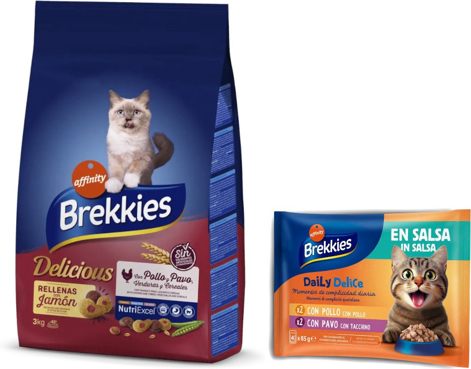 3 kg / 3,5 kg Brekkies Trockenfutter + 4 x 85 g Daily Delice Nassfutter gratis! - 3 kg Delicious Huhn, Truthahn & Gemüse...