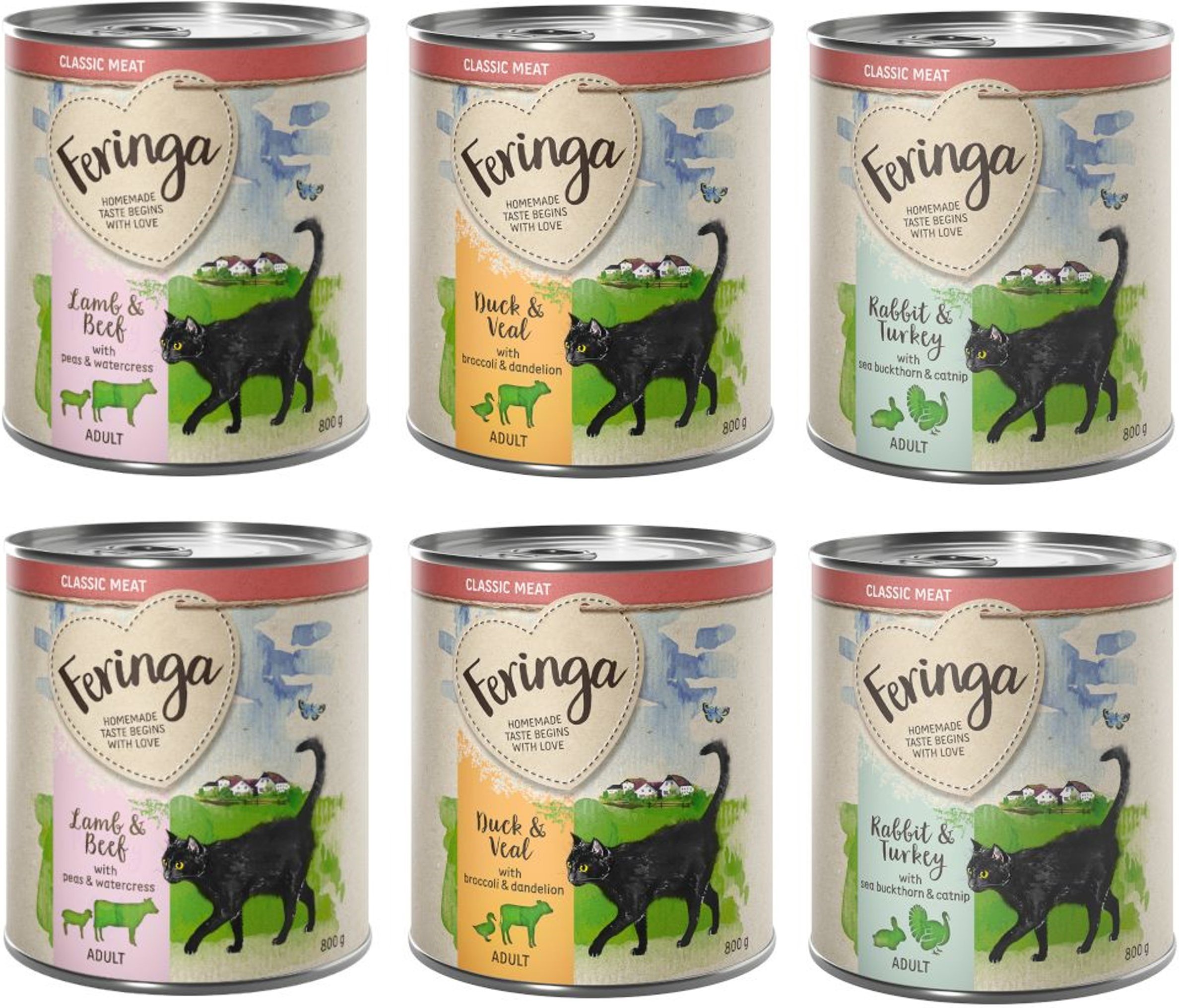 Probiermix Feringa Classic Meat 6 x 800 g Mixpaket 2 (Kaninchen & Truthahn, Lamm & Rind, Ente & Kalb)