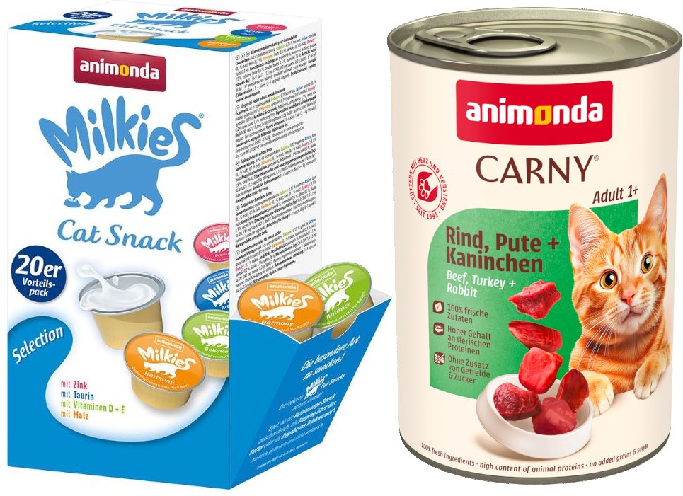 animonda Kombi-Paket: 12 x 400 g Carny Adult + 20 x 15 g Milkies Selection - Rind, Pute & Kaninchen + Milkies Snack (4 S...