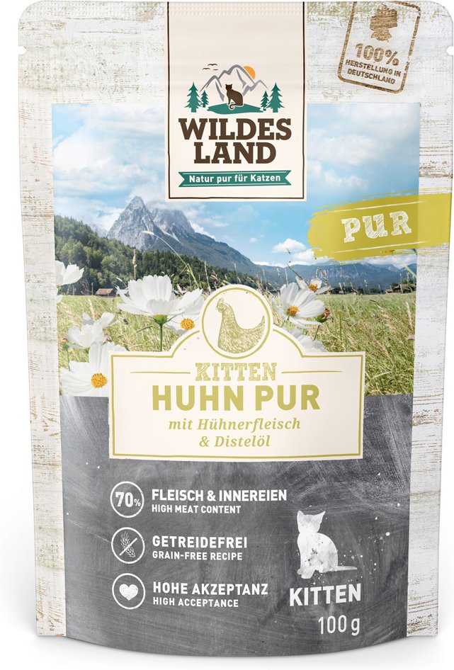 Sparpaket Wildes Land Cat 24 x 100 g - Kitten Huhn Pur mit Distelöl