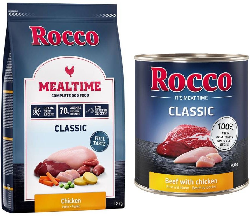 Thumbnail - Rocco Kombi-Paket: Mealtime Trockenfutter + Classic Nassfutter - 12 kg Huhn + 24 x 800 g Rind mit Huhn