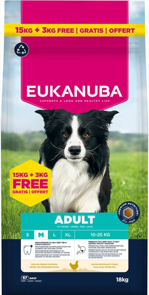 3 kg gratis! 18 kg Eukanuba Premium Nutrition mit Huhn - Adult Medium Breed