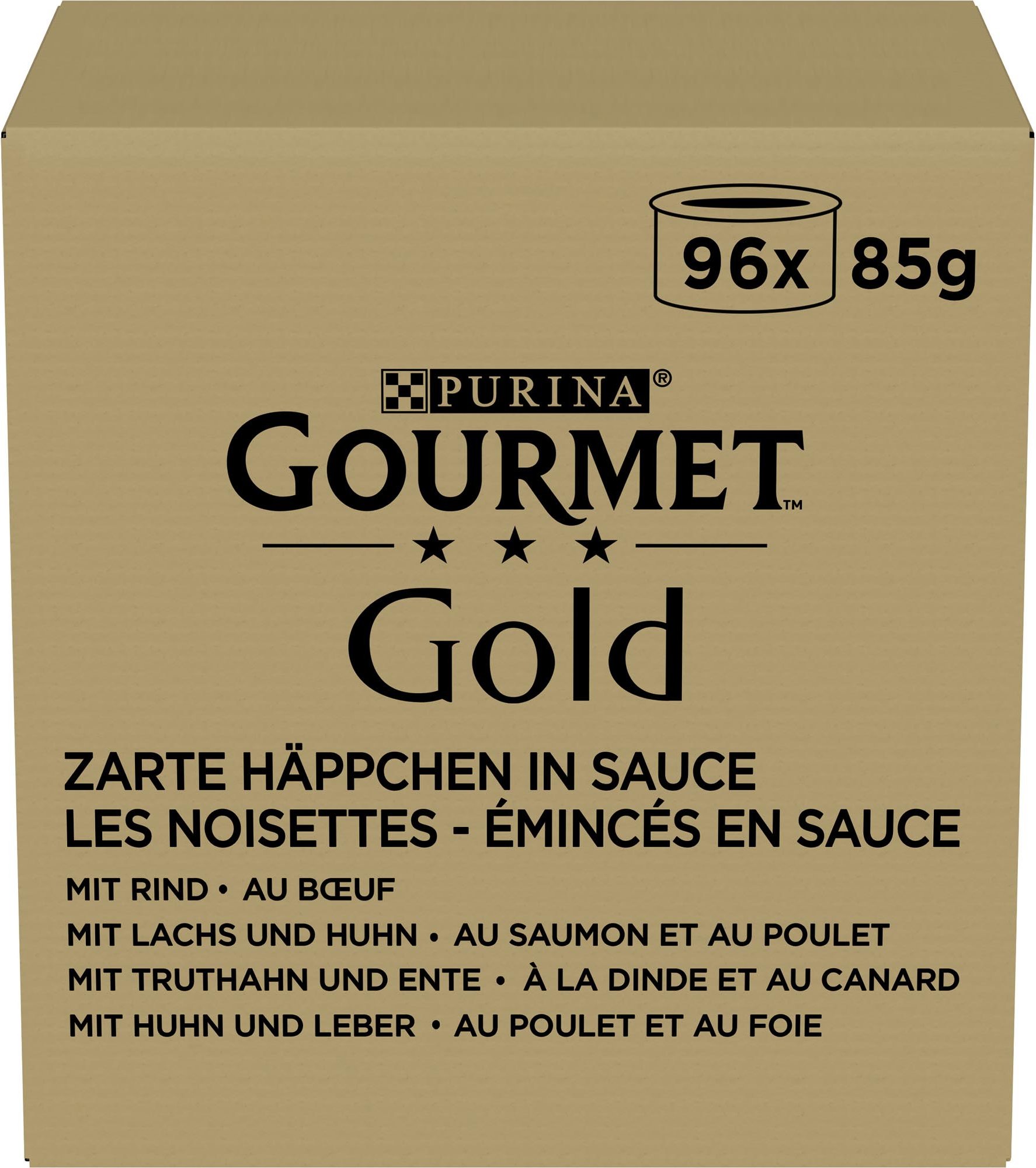 Jumbopack Gourmet Gold Zarte Häppchen 96 x 85 g - Rind, Huhn & Leber, Lachs & Huhn, Truthahn & Ente