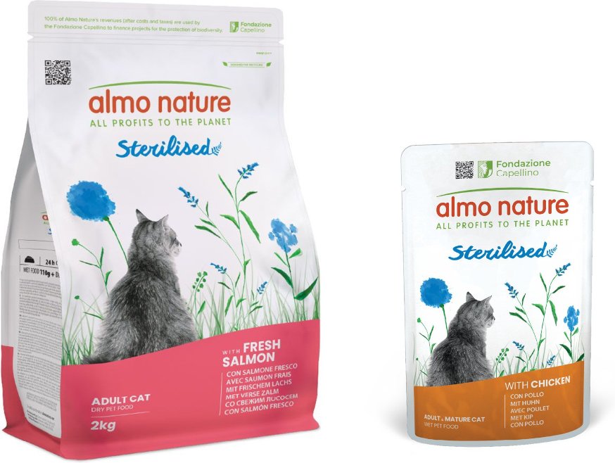 2 kg Almo Nature Functional Sterilised + 6 x 70 g Nassfutter mit Huhn zum Sonderpreis! - Lachs & Reis