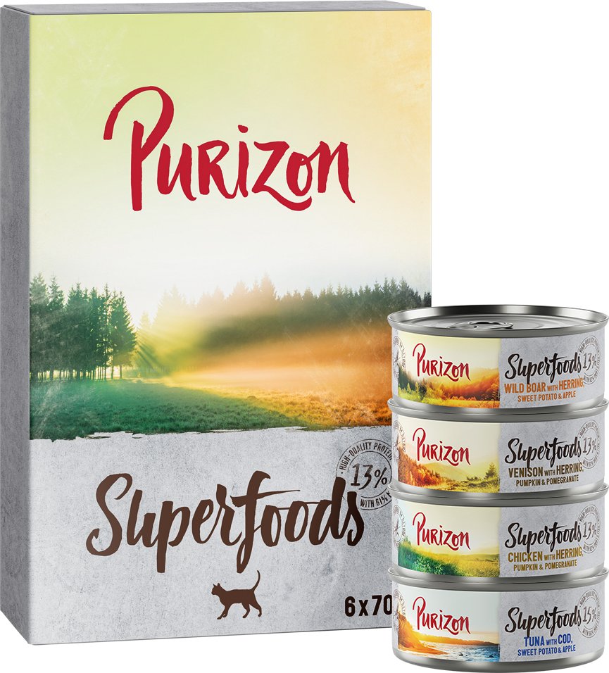 Purizon Superfoods 24 x 70 g - Mixpaket (8xHuhn, 8xThunfisch, 4xWildschwein, 4xWild)