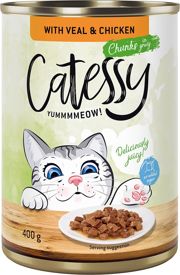 Thumbnail - Catessy Häppchen in Sauce oder Gelee 12 x 400 g - mit Kalb und Huhn in Sauce