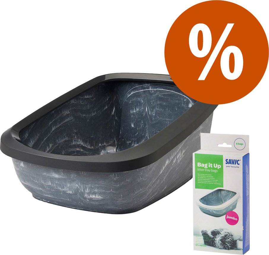 Savic Katzentoilette Aseo Jumbo marble - Starterset: Toilette grau marmoriert/schwarz + 6 Bag it up