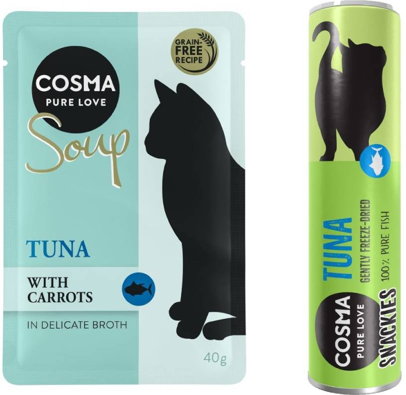 Cosma Kombi-Paket: 24 x 40 g Soup + 3 x Snackie - Thunfisch mit Karotte + Thunfisch (3 x 25 g)