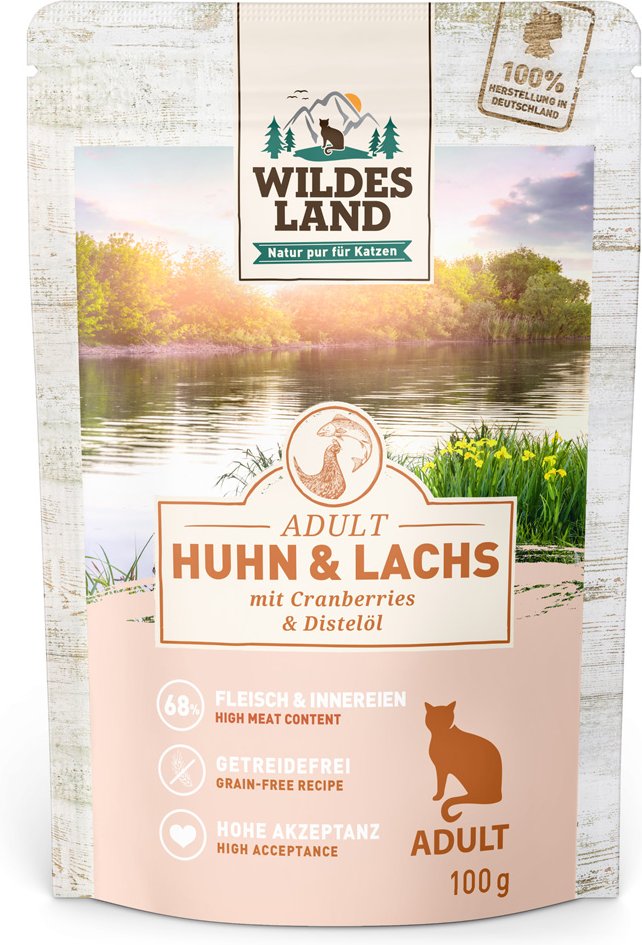 Sparpaket Wildes Land Cat 24 x 100 g - Huhn & Lachs mit Distelöl