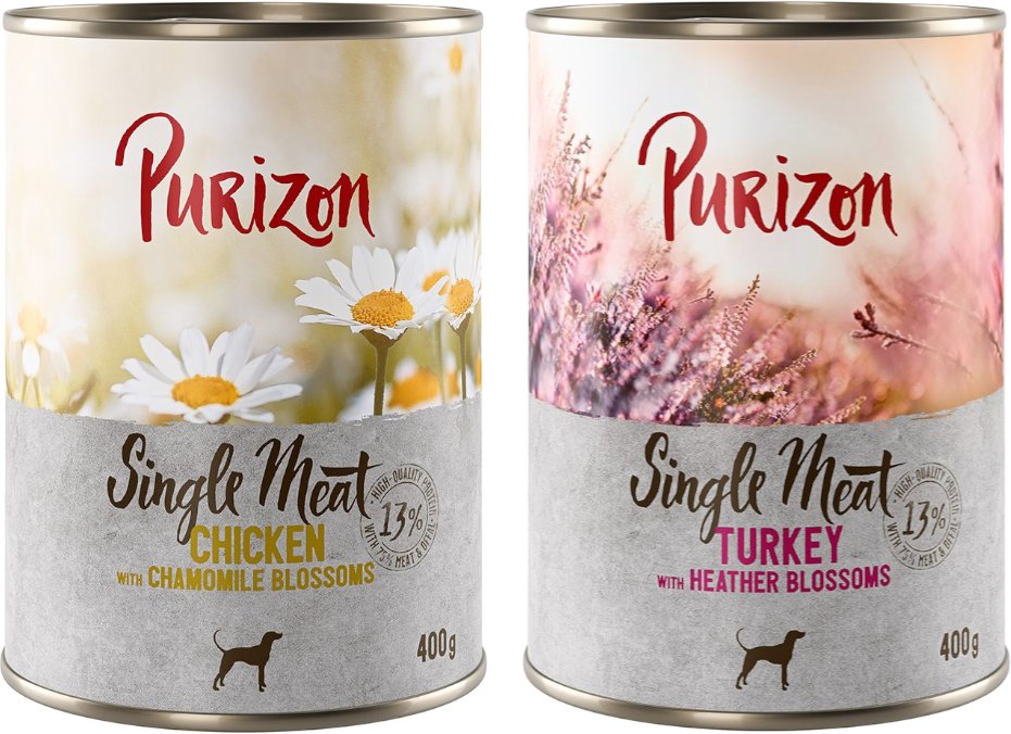 Sparpaket Purizon Single Meat 12 x 400 g - Mix: 6x Huhn mit Kamillenblüten, 6x Pute mit Heidekrautblüten