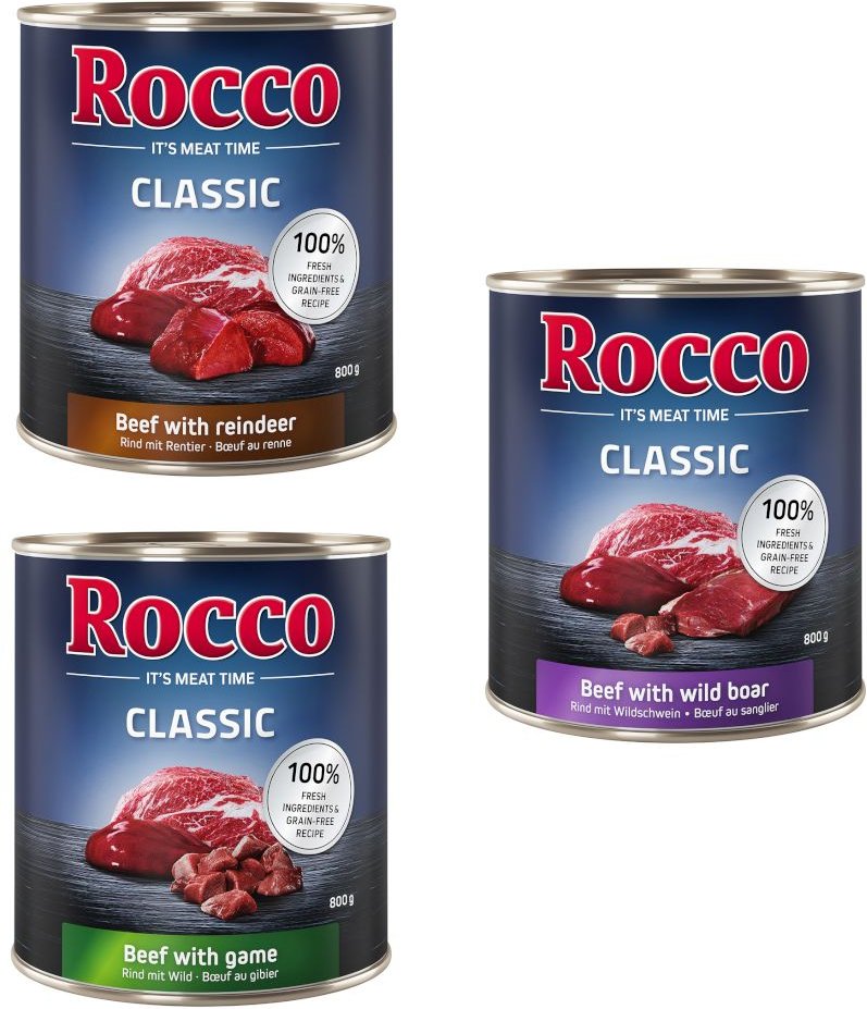 Sparpaket Rocco Classic 12 x 800 g - Wild-Mix: Rind/Wild, Rind/Rentier, Rind/Wildschwein