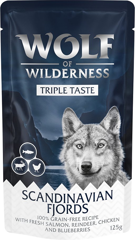 Wolf of Wilderness Adult - "Triple Taste" 12 x 125 g Scandinavian Fjords - Lachs, Rentier, Huhn