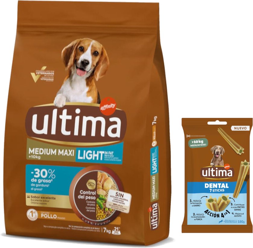 Ultima Trockenfutter + 180 g Dental Sticks Medium / Maxi gratis! - Medium / Maxi Light Adult Huhn 7 kg