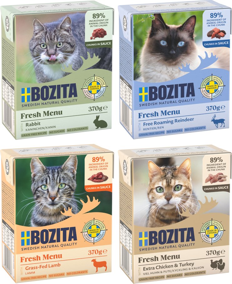 Kombi-Paket: Bozita Megapack Tetra Häppchen 48 x 370 g - Megapack 1 in Soße: Hühnchen & Pute, Kaninchen, Rentier, Lamm