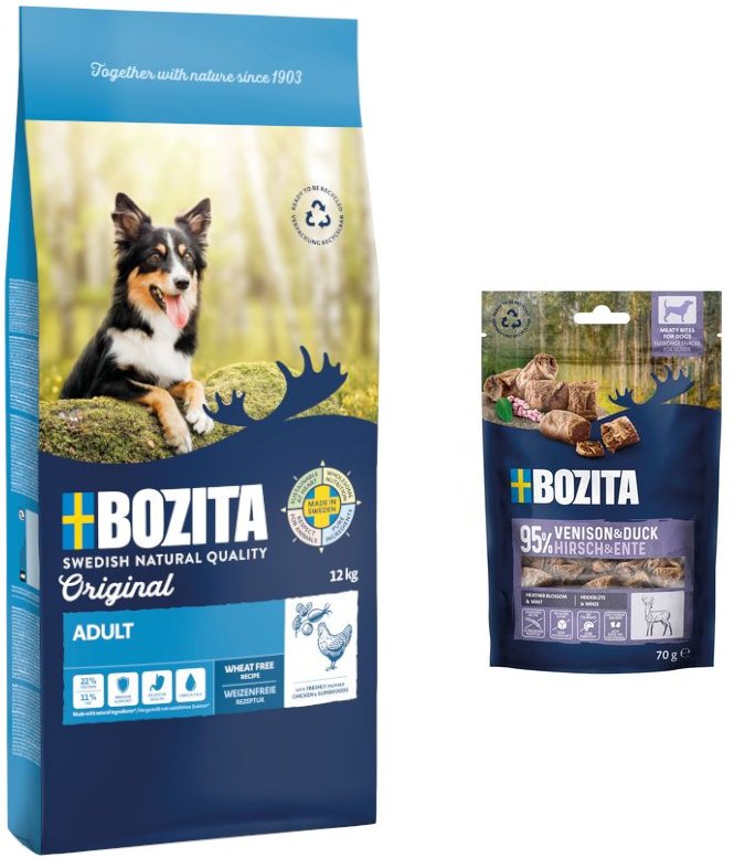 12 kg Bozita Original + 2 x 70 g Meaty Bites mit Hirsch & Ente gratis! - Adult mit Huhn - Weizenfrei