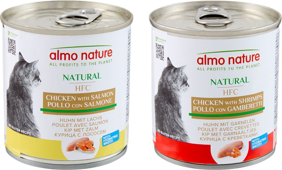 Sparpaket Almo Nature HFC Natural 12 x 280 g - Mixpaket 2 (Huhn & Lachs, Huhn & Garnelen)
