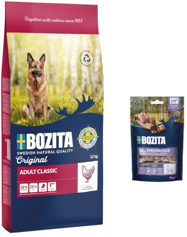 12 kg Bozita Original + 2 x 70 g Meaty Bites mit Hirsch & Ente gratis! - Adult Classic