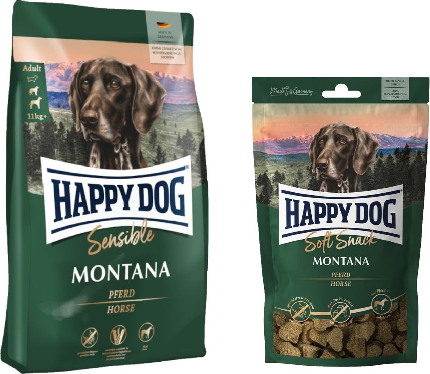Happy Dog Kombi-Paket: Supreme Sensible 10 / 12,5 kg + 5 x 100 g Soft Snack - Sensible Montana 10 kg + Montana 5 x 10...