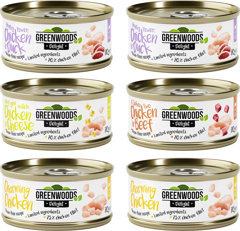 Gemischtes Probierpaket Huhn Greenwoods Delight 6 x 70 g - Mixpaket (4 Sorten)