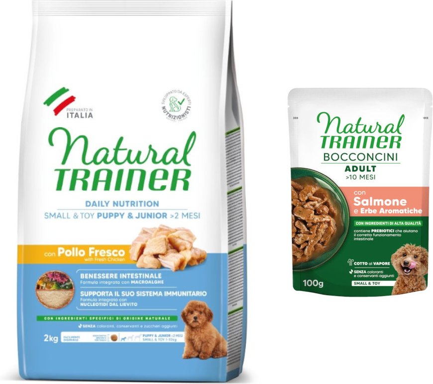 2 kg Natural Trainer Small & Toy + 2 x 100 g passendes Nassfutter gratis! - Puppy & Junior mit Huhn + 2 x 100 g Lachs