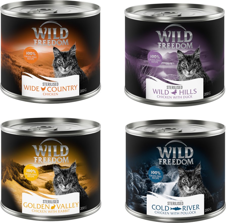 Gemischtes Probierpaket: Wild Freedom Adult - 6 x 200 g Sterilised: 2x Huhn pur, 2x Huhn & Seelachs, 1x Huhn & Kaninchen...