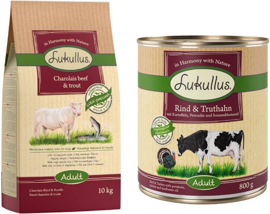 Thumbnail - Lukullus Kaltgepresst Kombi-Paket: 10 kg Trockenfutter + 24 x 800 g Nassfutter - Adult Rind & Forelle + Rind & Truthahn