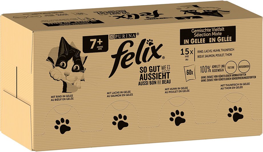Jumbopack Felix "So gut wie es aussieht" Gelee 120 x 85 g - Senior (Rind, Lachs, Huhn, Thunfisch)