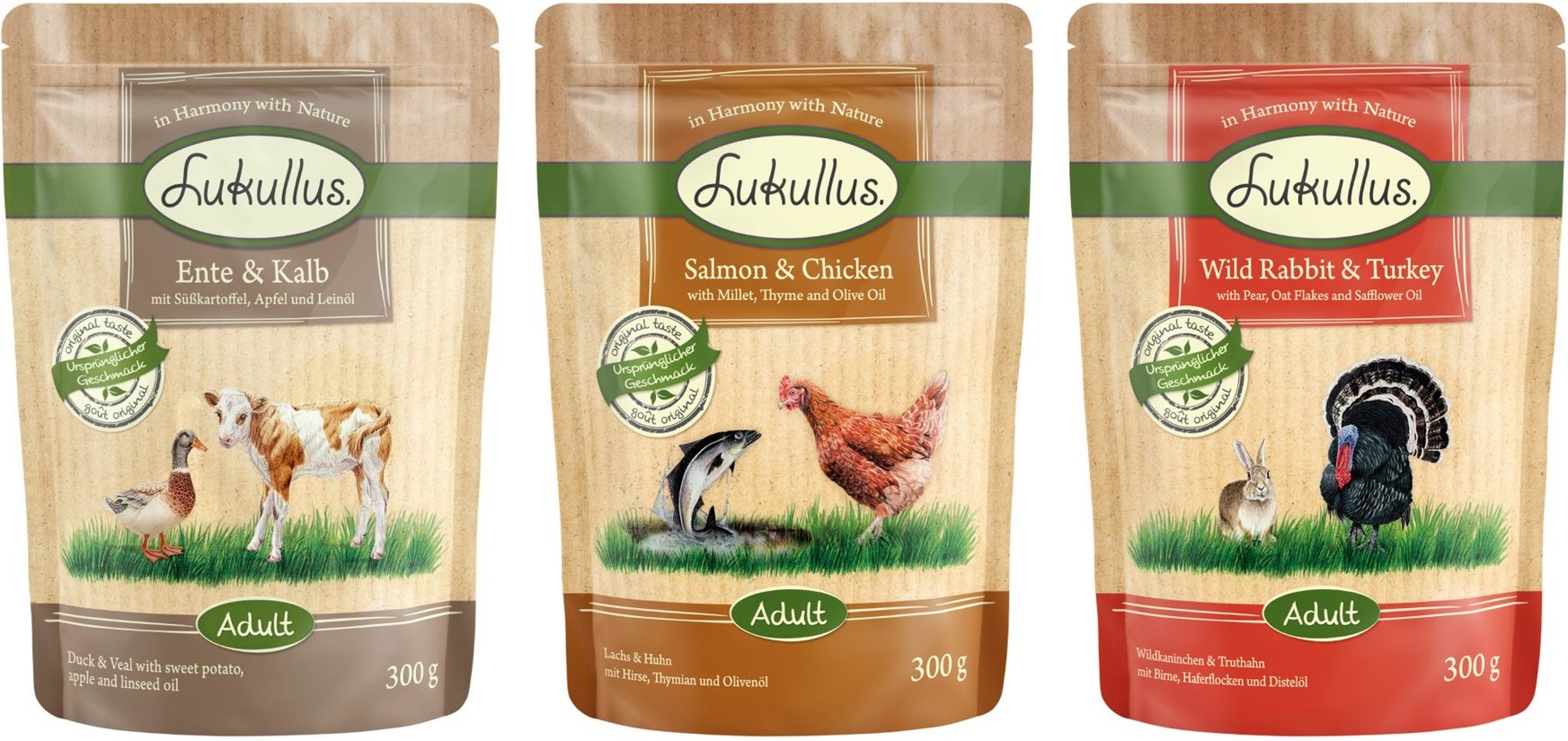 Lukullus Frischebeutel Naturkost 6 x 300 g Mixpaket: Wildkaninchen & Truthahn / Ente & Kalb / Lachs & Huhn