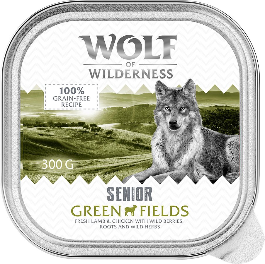 Wolf of Wilderness Senior - Duo-Protein Rezeptur 6 / 24 x 300 g Schale - 24 x 300 g: Green Fields - Lamm & Huhn