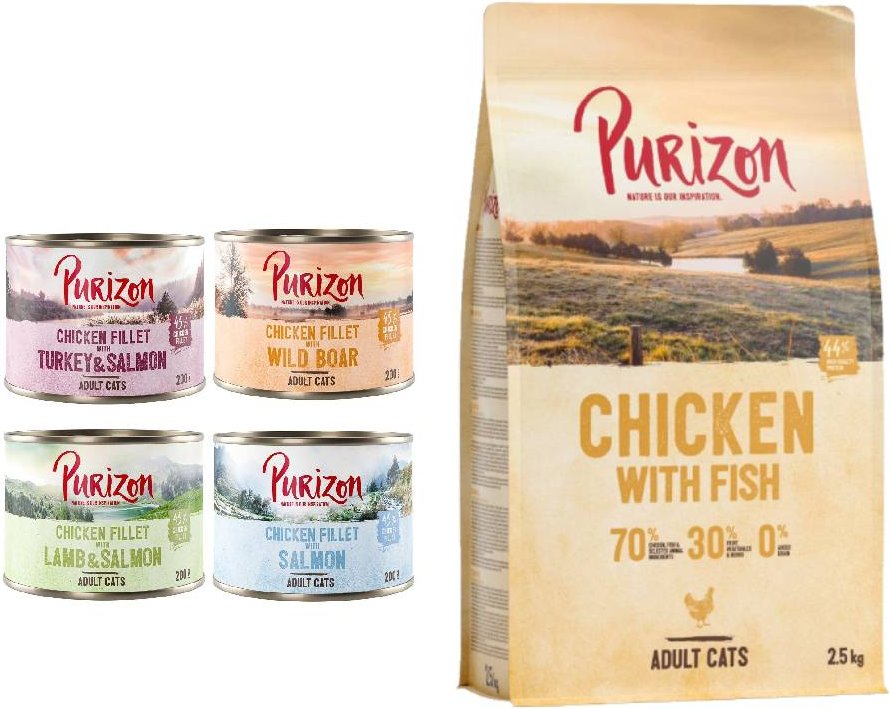 Purizon Kombi-Paket: 24 x 200 g Nassfutter + 2,5 kg Trockenfutter - Mix 4 Sorten + Original Huhn mit Fisch